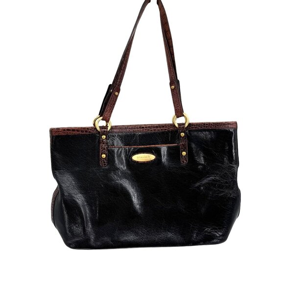 Brahmin Vintage Crocodile Shoulder Bag Black Brown Authentic Gold Hardware - Picture 1 of 8